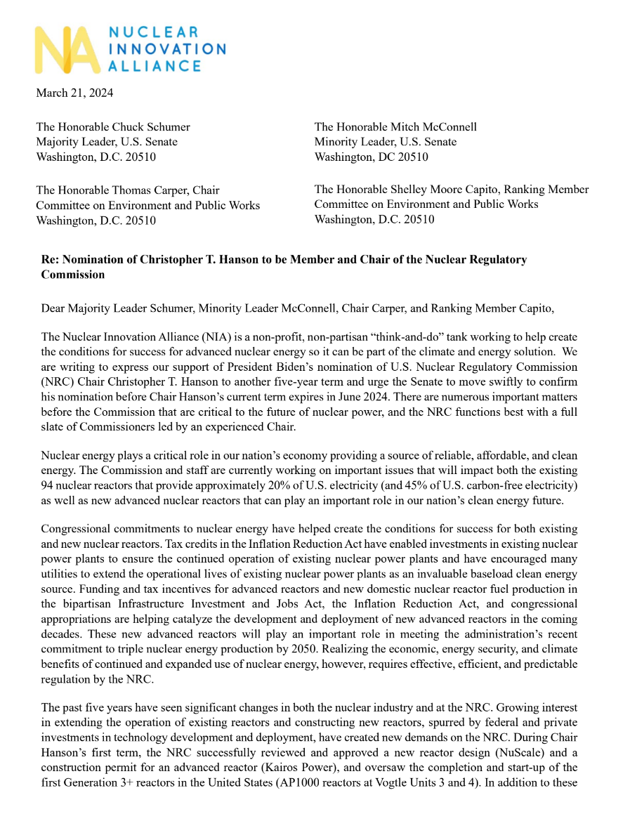 Letter on the Nomination of Christopher T. Hanson to be Member and